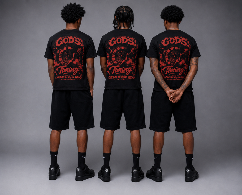 God’s Timing Black & Red Shirts
