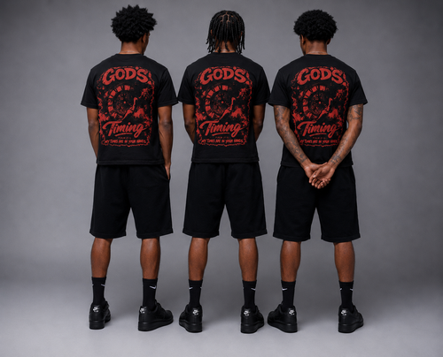 God’s Timing Black & Red Shirts